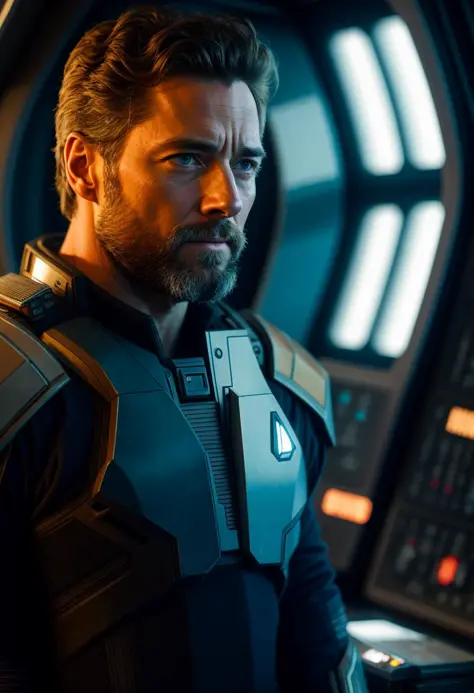 ((best quality)), ((masterpiece)), ((inked)),  majestic intricately detailed soft oil painting by jim lee, 1man, a handsome starship captain, (Henry Cavill:0.7)|Hugh Jackman|Russell Crowe, well fitting futuristic space commander uniform, stubble, on the br...