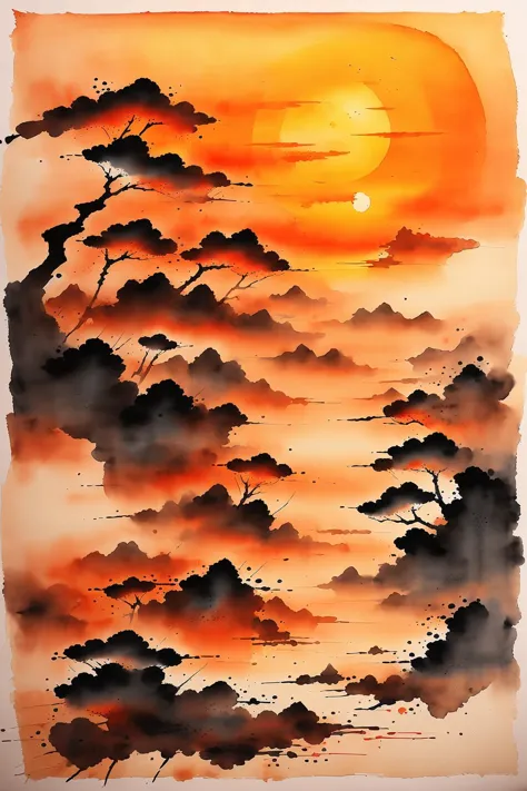 a painting of a sunset with clouds and trees in the foreground