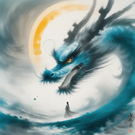 a painting of a dragon with a man standing in front of it