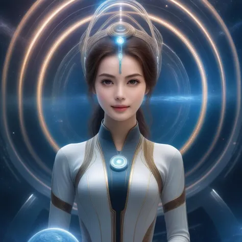 a woman in a futuristic suit with a glowing halo around her