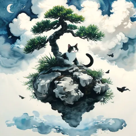 <lora:Ath_ink-painting_XL:1>,ink-painting,ink anf wash,painting \(medium\),traditionalmedia,watercolor\(medium\),A bonsai like tree with a cat sleeping under it,<lora:island_xl_floating>,(floating island:1.1),(surreal:1.1),sky,cloud, (masterpiece, best quality, high quality, highres, ultra-detailed),