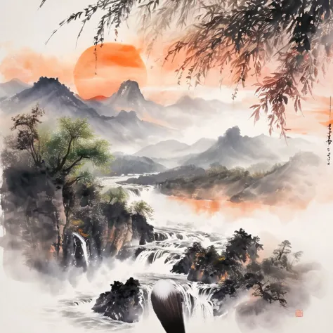 <lora:Ath_ink-painting_XL:1>,ink-painting,ink anf wash,painting \(medium\),traditionalmedia,watercolor\(medium\),scenery,mountain,waterfall,tree,sunset,long river,boat,aerial view,very wide shot,wide shot,from above,, (masterpiece, best quality, high quality, highres, ultra-detailed),