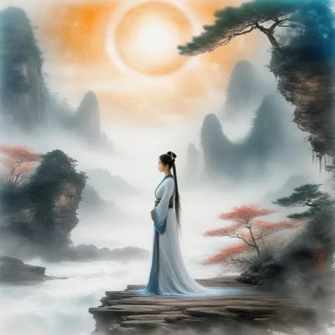 a woman in a white dress standing on a rock in the middle of a river