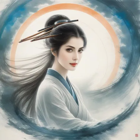 a painting of a woman with chopsticks in her hair