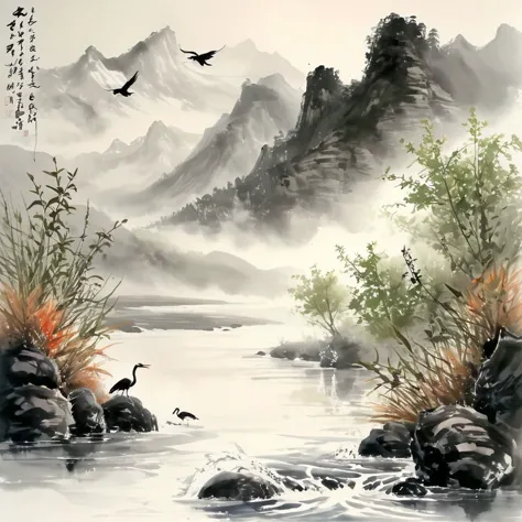 <lora:Ath_ink-painting_XL:1>,ink-painting,ink anf wash,scenery,bird,water,mountain,outdoors,river,painting \(medium\),traditionalmedia,branch,watercolor\(medium\),boat,, (masterpiece, best quality, high quality, highres, ultra-detailed),