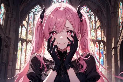 (best quality, high detail:1.1),
1girl,solo,demon girl,fang,pink hair,long hair,twintails,(crimson eyes:1.1),(bright pupils:1.1),unusually open eyes,(eyelashes:1.2),bags under eyes,(tears:1.2),gothic black (frills:1.2) dress,(hands on own face:1.2),(crazy ...