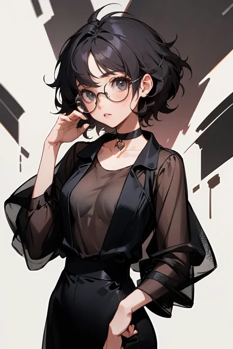 (masterpiece, best quality), 1girl, messy hair, choker, black silk pajamas, see-through, glasses,