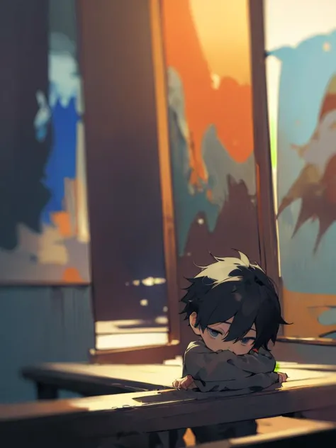 (art style:1.4), (depth of field:1.2), indoor,  a boy at night