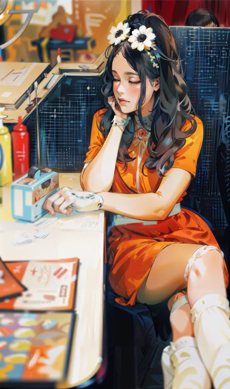 1สาว, ผมสีดำ, orange ชุด, พร่ามัว, พร่ามัว foreground, หนังสือ, ความชัดลึก, ชุด, เนื้อฟิล์ม, เครื่องประดับผม, ด้วยมือของตัวเอง, ส่วนที่เหลือของศีรษะ, ริมฝีปาก, ผมยาว, รูปถ่าย \(ปานกลาง\), นั่ง, ถุงเท้า, ตามลำพัง, สื่อแบบดั้งเดิม,