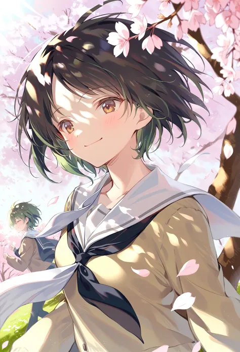 best quality, masterpiece,
////////////////
solo, 1girl, forehead protector, upper body, scarf, simple background, brown eyes, short hair, green hair, smile, genderswap \(mtf\) ,closed eyes, solo, cherry blossoms, school uniform, wind, flower, blurry, outdoors, blurry foreground, upper body, cardigan, closed mouth, short hair, sunlight, tree, depth of field, black hair, petals, sailor collar, smile, dappled sunlight, floating hair, serafuku, blush, shirt, long sleeves, bangs, scenery, white sailor collar