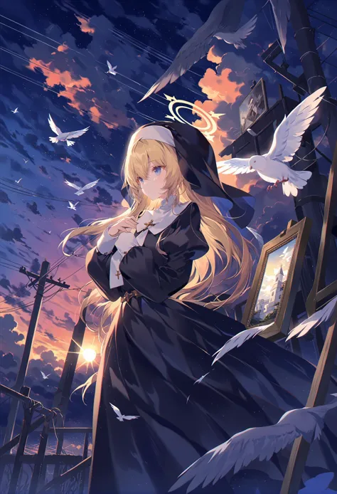 anime girl with long blonde hair and black dress standing in front of a fence