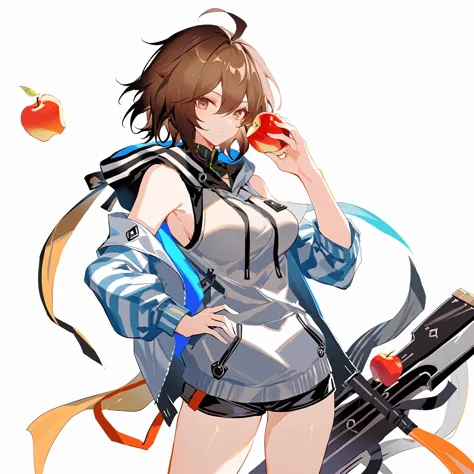 [transparent background, ::0.425],masterpiece, best quality,tianliang duohe fangdongye,white background,
Ho'olheyak \(arknights\),,1girl, solo, food, apple, fruit, hand on hip, short hair, brown hair , meiko \(vocaloid\)  , sleeveless, hood, striped, hoodie ,lora:gameXLV1T6:0.4>