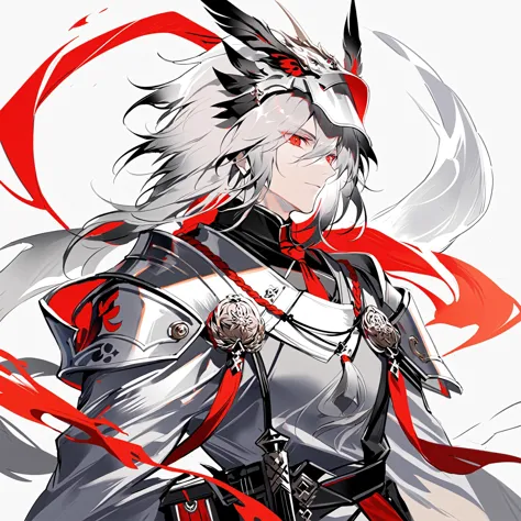 a close up of a person with a sword and a red and white background