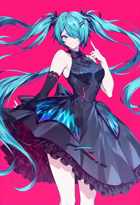 anime girl with blue hair and black dress posing for a picture