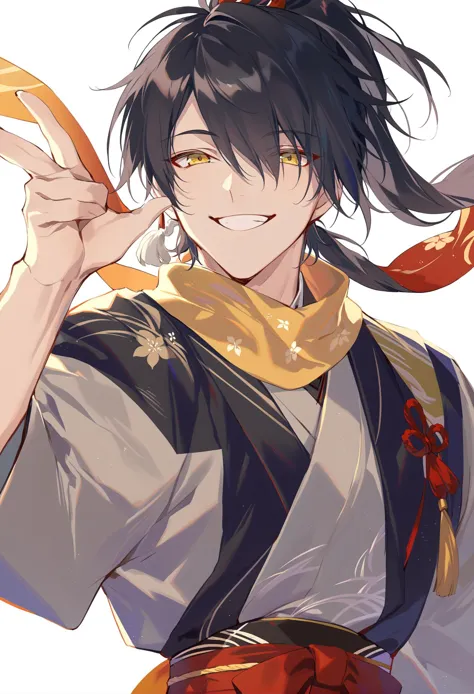 masterpiece, best quality,
1boy, solo, male focus, black hair, hair over one eye, ponytail, v, scarf, smile, looking at viewer, yellow eyes, japanese clothes, long hair, upper body, bangs, simple background, grin, kimono