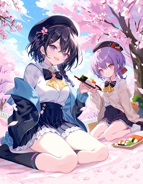 anime girl sitting on the ground eating sushi and a plate of food