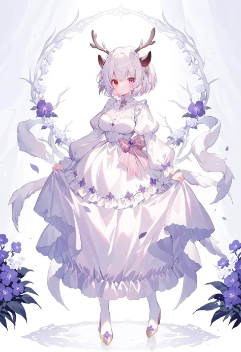 anime girl in a white dress with horns and flowers