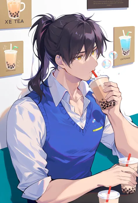 anime girl drinking a drink at a table with a boba