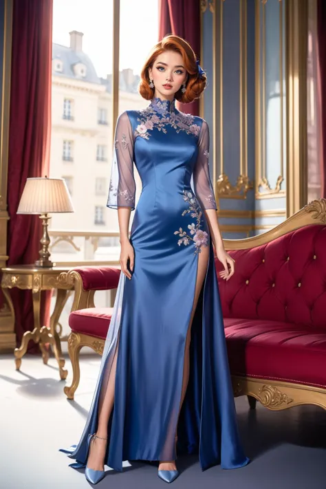 beautiful adult (Western) woman, high quality, best quality, highres,  high detail, blurry foreground,depth of field,  <lora:ch30ngs4m_1:0.60> full body, ch30ngs4m_1, ((Dior fashion)) , ((light blue dress)) embroidered flowers, sheer sleeves eyeliner, eyeshadow, makeup, iridescent lips ginger hair hair updo, hair ribbon Royal Suite, Paris, Antique Furnishings, Modern Comforts ((refraction lighting))