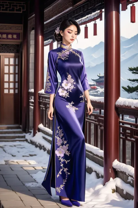 a woman in a purple dress standing on a snowy walkway