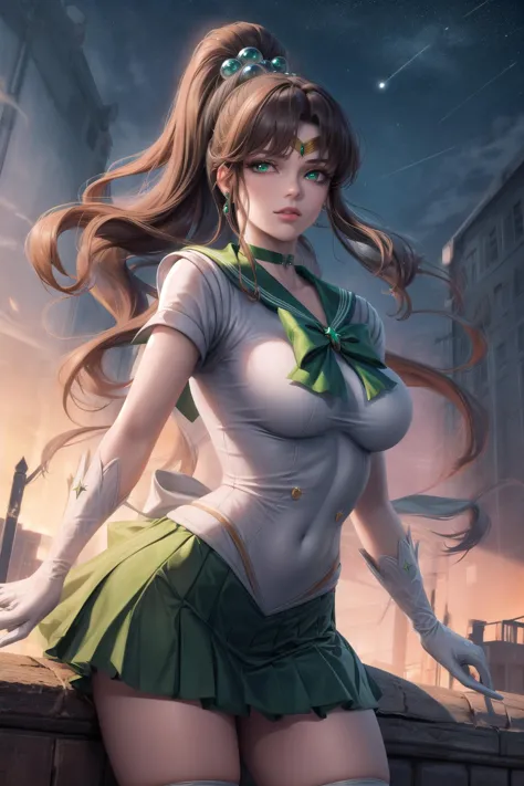 sailorjupiter, <lyco:sailorjupiter-lyco-nochekaiser:1>,
sailor jupiter, brown hair, circlet, (green eyes:1.5), hair bobbles, hair ornament, medium hair, ponytail, sidelocks, (parted bangs:1.5),
BREAK back bow, bow, bowtie, brooch, choker, earrings, elbow gloves, flower earrings, gem, gloves, green choker, green gemstone, green sailor collar, green skirt, jewelry, miniskirt, pink bow, pink bowtie, pleated skirt, sailor collar, shirt, short sleeves, sidelocks, skirt, white gloves, white shirt,
BREAK outdoors, night, sky, star \(sky\), moon,
BREAK ((looking at viewer, cowboy shot,))
BREAK <lora:GoodHands-vanilla:1>, (masterpiece:1.2), best quality, high resolution, unity 8k wallpaper, (illustration:0.8), (beautiful detailed eyes:1.6), extremely detailed face, perfect lighting, extremely detailed CG, (perfect hands, perfect anatomy), 
 hiqcgbody,