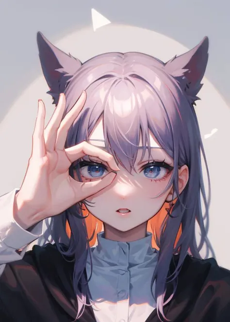 anime girl with cat ears and blue eyes holding her hands up to her face