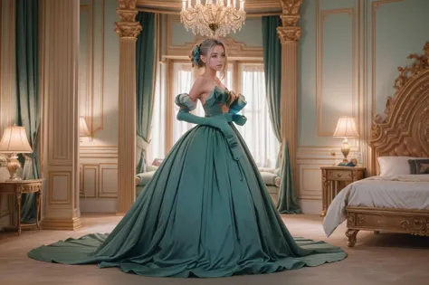 araffe woman in a green dress standing in a bedroom