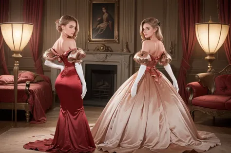 two women in red dresses are standing in a room