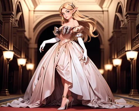 photogenic beautiful adult woman, Zelda, long blonde hair,pointy ears, age 30, high quality, best quality,  high detail, standing, g0wn, elbow gloves, grand hall <lora:SWD-45:1>, bare shoulders, voluminous very wide ballgown, front, (high heels), puffy sleeves, rim lighting, vibrant colors, looking at viewer, hair ornament