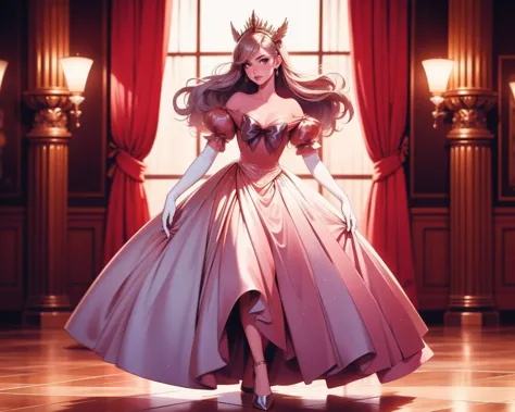 photogenic beautiful adult woman, age 30, high quality, best quality,  high detail, standing, g0wn, elbow gloves, grand hall <lora:SWD-45:1>, bare shoulders, voluminous very wide ballgown, front, (high heels), puffy sleeves, rim lighting, vibrant colors, looking at viewer, hair ornament <lora:Style_BingDalle3Anime:0.8>