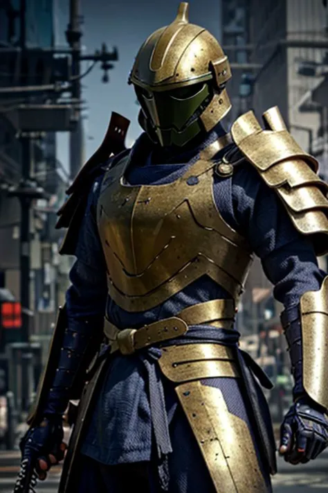 arafed knight in armor walking down a city street