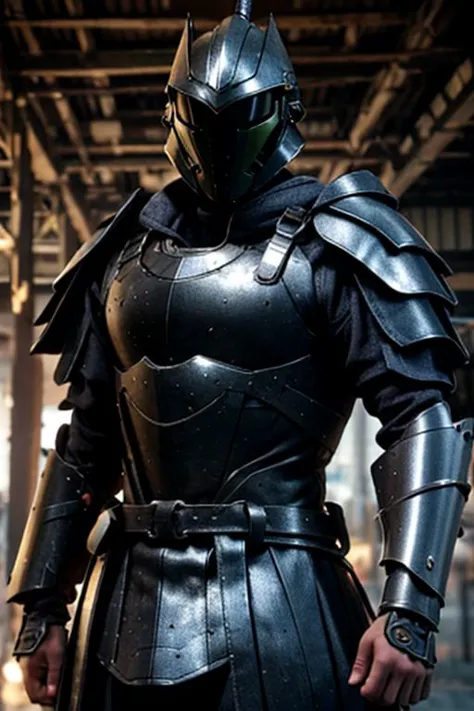 a close up of a person in a armor suit standing in a warehouse