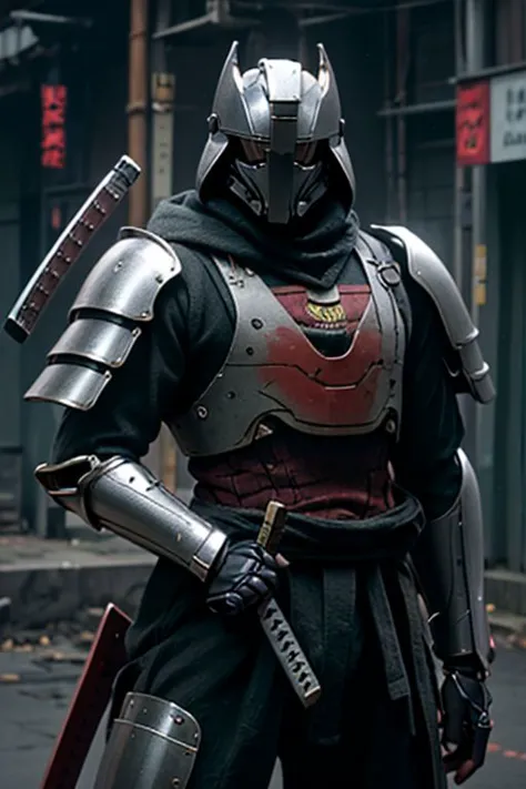 arafed knight in armor standing on the street with two swords