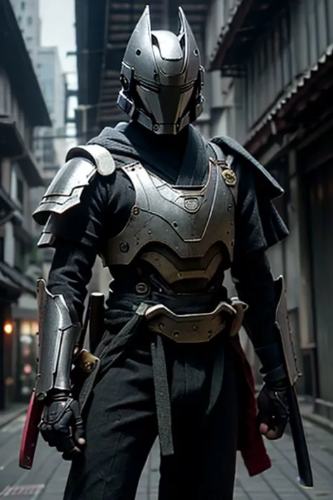 a close up of a person in a helmet and armor on a street