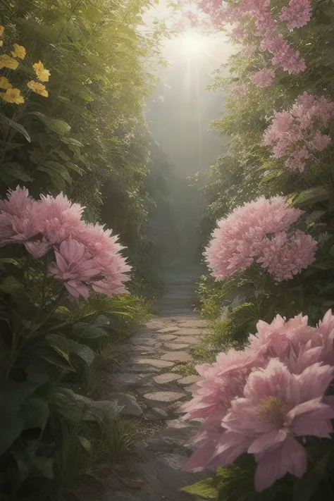 there is a path with flowers and a stone path in the middle