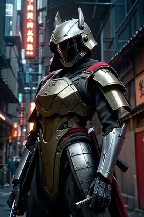 arafed knight in armor standing in a narrow alleyway