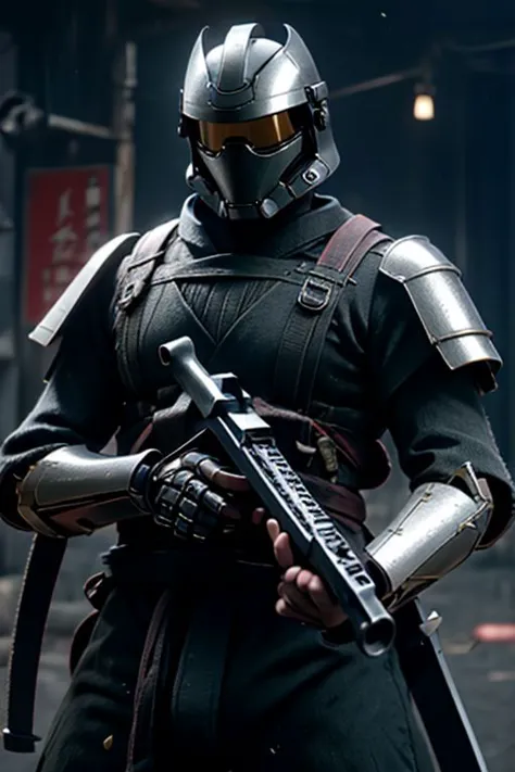 Craft an image of a futuristic ذكر character adorned in stunning ((كروم)) الساموراي armor, complete with a hi-tech الساموراي خوذة, ميزات معدنية, ومنصات كتف Kanawa Security Trooper المميزة. Capture the essence of a cinematic تشكل العمل as he fires an enchanted ((بندقية تومي.)) يجب أن تظهر الشخصية القوة والدقة أثناء عرض التكنولوجيا المتقدمة لدرعه. بالإضافة إلى ذلك, تصوره بكاتانا مغمدًا على وركه الأيسر, creating a visually striking composition that seamlessly combines traditional الساموراي aesthetics with cutting-edge weaponry. (تحفة), 8 ك, سخافات, أفضل جودة, ألوان عميقة, عمق الميدان, بكسل فرعي فعال, تقرير التنمية البشرية, ايزو منخفض, تحفة, أقصى قدر من الوضوح والحدة, مواد متعددة الطبقات, تقديم الأوكتان, تركيب PBR, نسب مثالية, المعالجة البعدية, قاعدة الأثلاث, التفاف البكسل الفرعي. تشتت تحت السطح, فائقة الدقة, تظليل السطح, غير واقعي 5, توازن اللون الأبيض, فتحة واسعة, زاوية واسعة ومفرطة التفاصيل,
تحفة, أفضل جودة, ((الكبار)), وجه مفصل للغاية, إضاءة مثالية, 1 فتى, وحيد, واقعية, لا شيء هناك, مفرط التفاصيل, واقعية للغاية, طلقة رعاة البقر, تشكل العمل,
ذكر,  (درع فضي وأسود), ((holding بندقية تومي)), ((طومسون مدفع رشاش)), ((بندقية تومي)),((مجلة الطبل)), (((الساموراي خوذة))), سيبرالساموراي, بدلة القوة, مذكرة, سيبر_الساموراي, غرف, ((كابوتو)), ((شيكورو)), 1 فتى, وحيد, بدون وجه, خوذة, الساموراي ج, درع ياباني, خوذة,