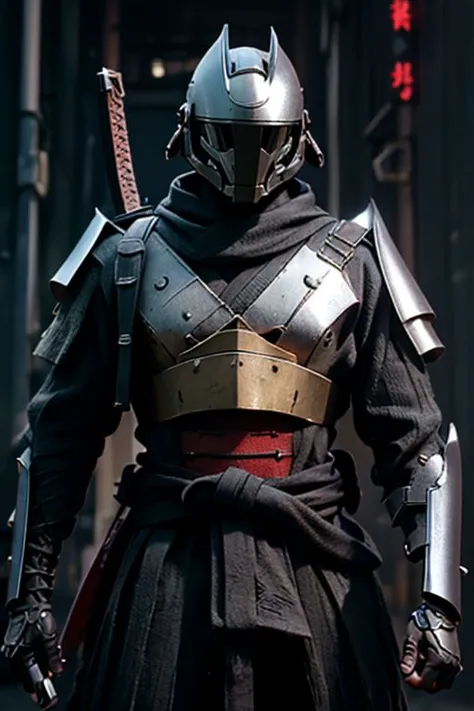 Craft an image of a futuristic male character adorned in stunning ((chrome)) samurai armor, complete with a hi-tech samurai helm...