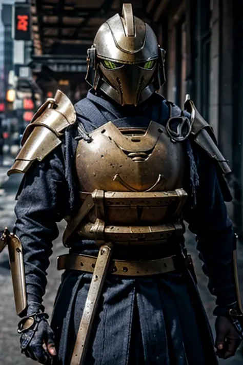 a close up of a person in a helmet and armor on a street