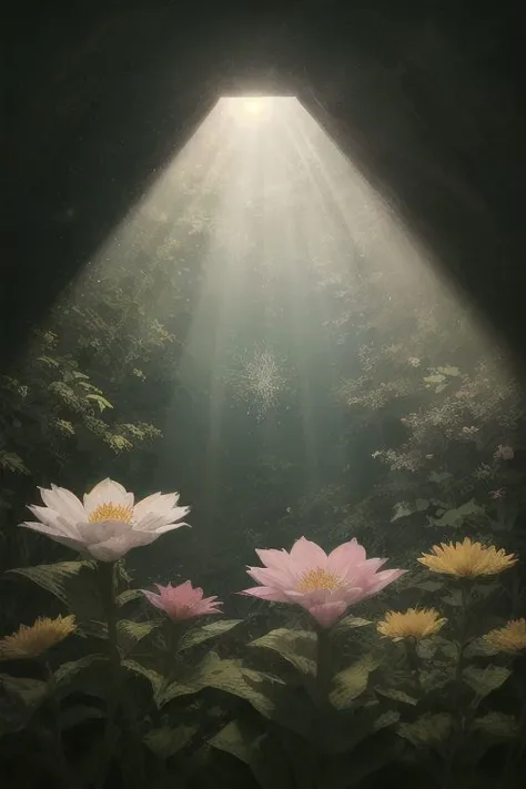 a close up of a flower field with a light coming through the window