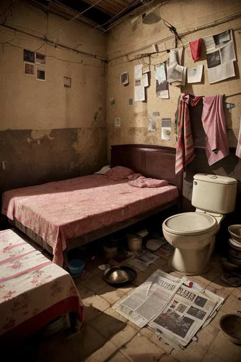 portrait of sluminterior, bedroom, mattress, clothesline,  slum, poster, pan, kitchen, rack, detail, crack, broken, newspaper, o...