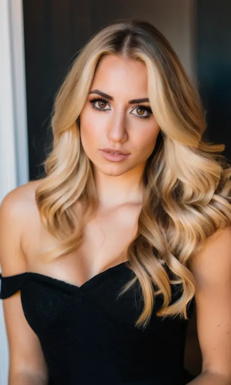 realistic, half body headshot photo of a young woman, long hair, breasts, looking at viewer, blonde hair, dress, cleavage, bare shoulders, brown eyes, medium breasts, upper body, black dress, lips, nose