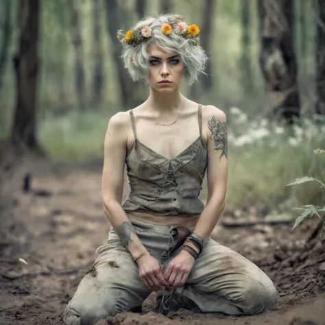 a photograph of a (Highest Quality, 4k, masterpiece, Amazing Details:1.1), kneeling, (forrest), ((((post apocalyptic woman)))), thin eyebrows, wavy short hair with flower hair ornament, ((aquarell:1.2)), (full body), sharp focus