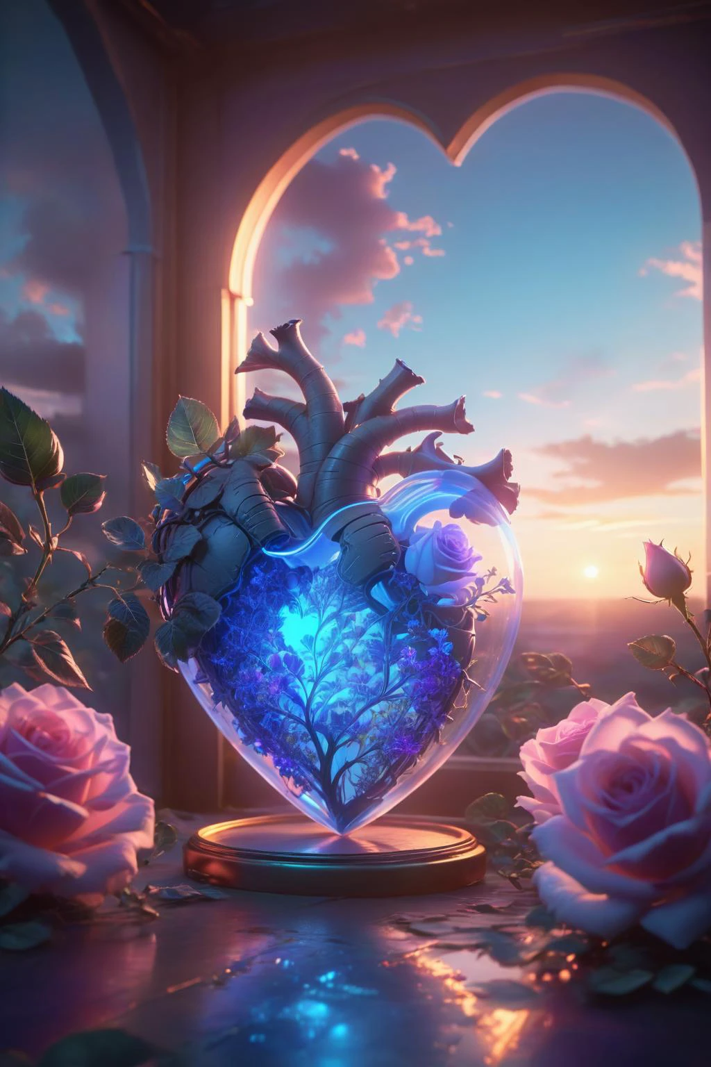 Digital Art,Konzeptkunst,Oktan-Rendering,unwirkliche Engine,Traumhafte Szenen,zartes und sattes Licht und Farbe,hervorragende Licht- und Schatteneffekte und Farbabstimmung,ästhetisch und romantisch,surrealistisch,magisch,Fantasie,fantastisch,Verziert und kompliziert,unvorstellbare Schönheit,
Ein leuchtendes [Rosa|lila] Rose und einige leuchtend blaue Pflanzen in einem transparenten (herzförmig:1.5) glass container,
dieser Behälter in einem Liebesgeschichtenbuch,extrem romantische Stimmung,Nostalgische Atmosphäre,sanftes Licht und anhaltende Komposition,Tiefenschärfe,Abonnieren,Traumlandschaft,ein leuchtendes neonfarbenes Herzmuster,