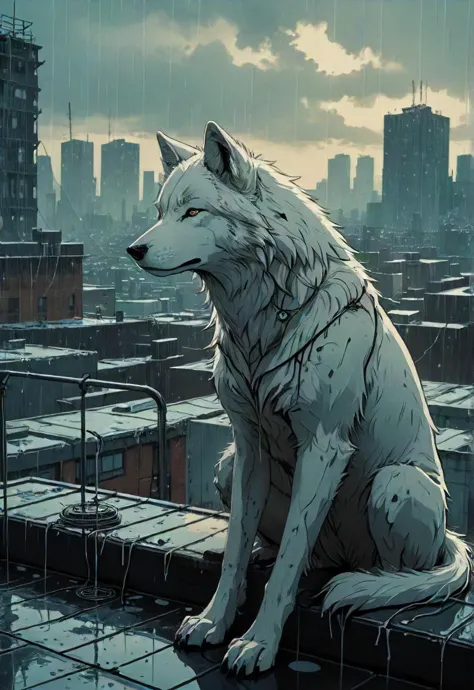 wolf's rain, rooftop, white, tired, (scars:1.2), detailed, atmospheric, illusion, a (sad song,:1.1) dystopian city, moody,   <lo...