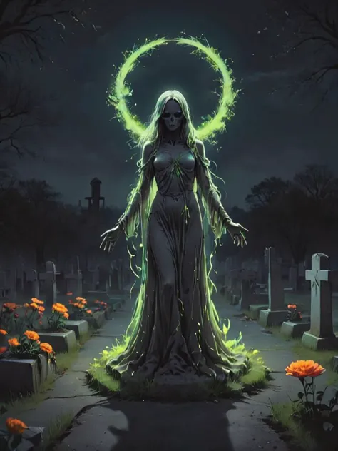 letitflrsh, (let it flourish), a  demonic ghostly being in a (concrete:-0.5) field with neon flowers on a graveyard, epic, night...