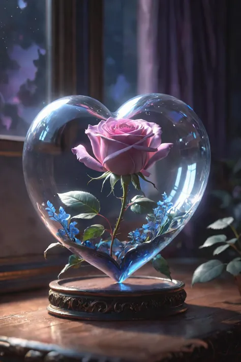 Digital Art,Concept Art,octane rendering,unreal engine,dreamlike scenes,delicate and rich light and color,superb light and shadow effects and color matching,aesthetic and romantic,Surrealistic,magical,fantasist,fantastic,Ornate And Intricate,unimaginable beauty,
A glowing [pink|purple] rose and some glowing blue plants in a transparent (heart-shaped:1.5) glass container,
this container in a love story book,extremely romantic mood,nostalgic atmosphere,gentle light and lingering composition,depth of field,<lora:-_SDXL_-_letitflrsh_let_it_flourish_V1.0:0.6>,letitflrsh,<lora:PAseer-SDXL-FarOfTheSun:1>, CLOUDY SKY,SUN,