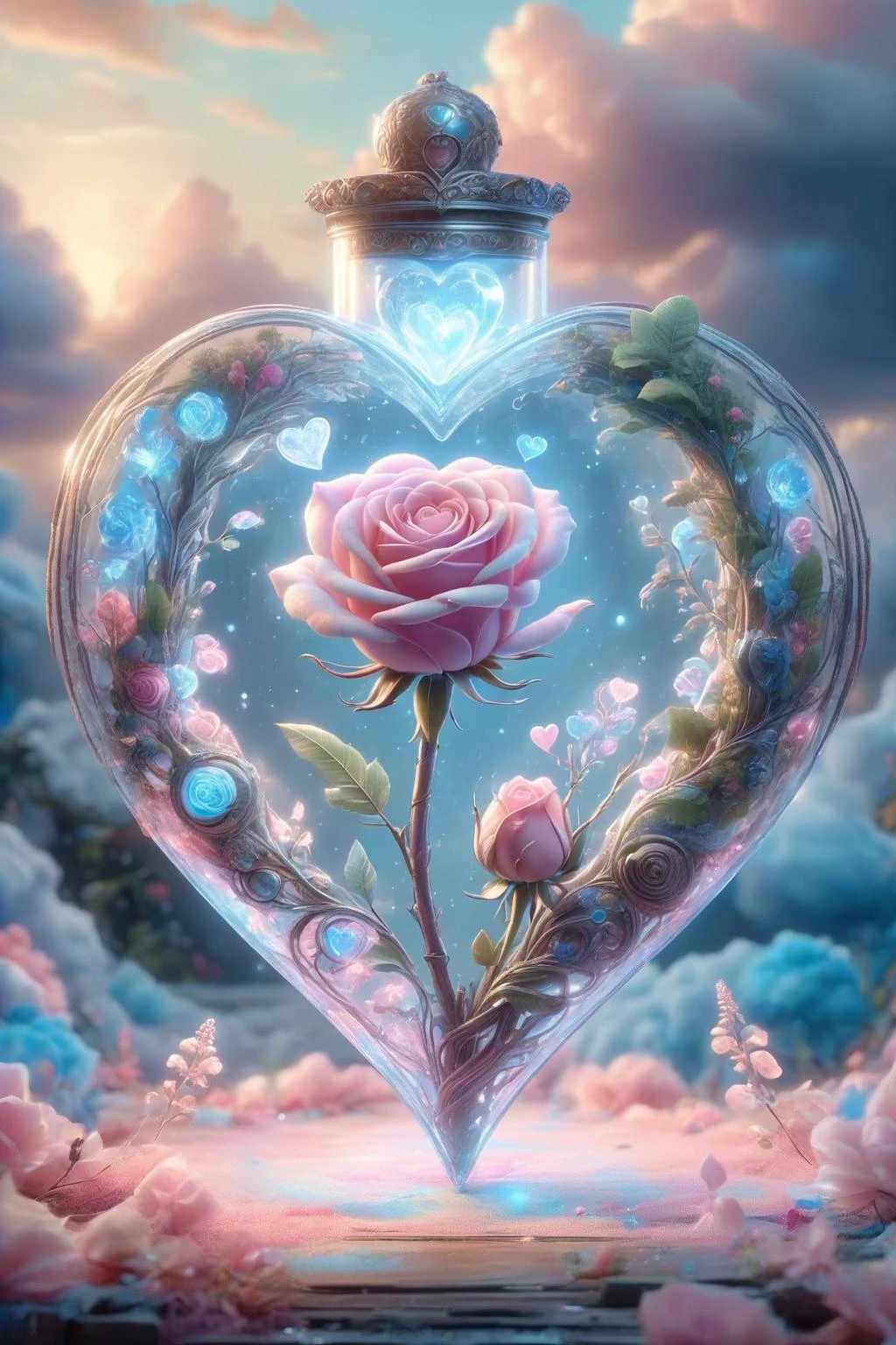 Digital Art,Konzeptkunst,Oktan-Rendering,unwirkliche Engine,Traumhafte Szenen,zartes und sattes Licht und Farbe,hervorragende Licht- und Schatteneffekte und Farbabstimmung,ästhetisch und romantisch,surrealistisch,magisch,Fantasie,fantastisch,Verziert und kompliziert,unvorstellbare Schönheit,
Ein leuchtendes [Rosa|lila] Rose und einige leuchtend blaue Pflanzen in einem transparenten (herzförmig:1.5) glass container,
dieser Behälter in einem Liebesgeschichtenbuch,extrem romantische Stimmung,Nostalgische Atmosphäre,sanftes Licht und anhaltende Komposition,Tiefenschärfe,Abonnieren,Zuckerwatte,