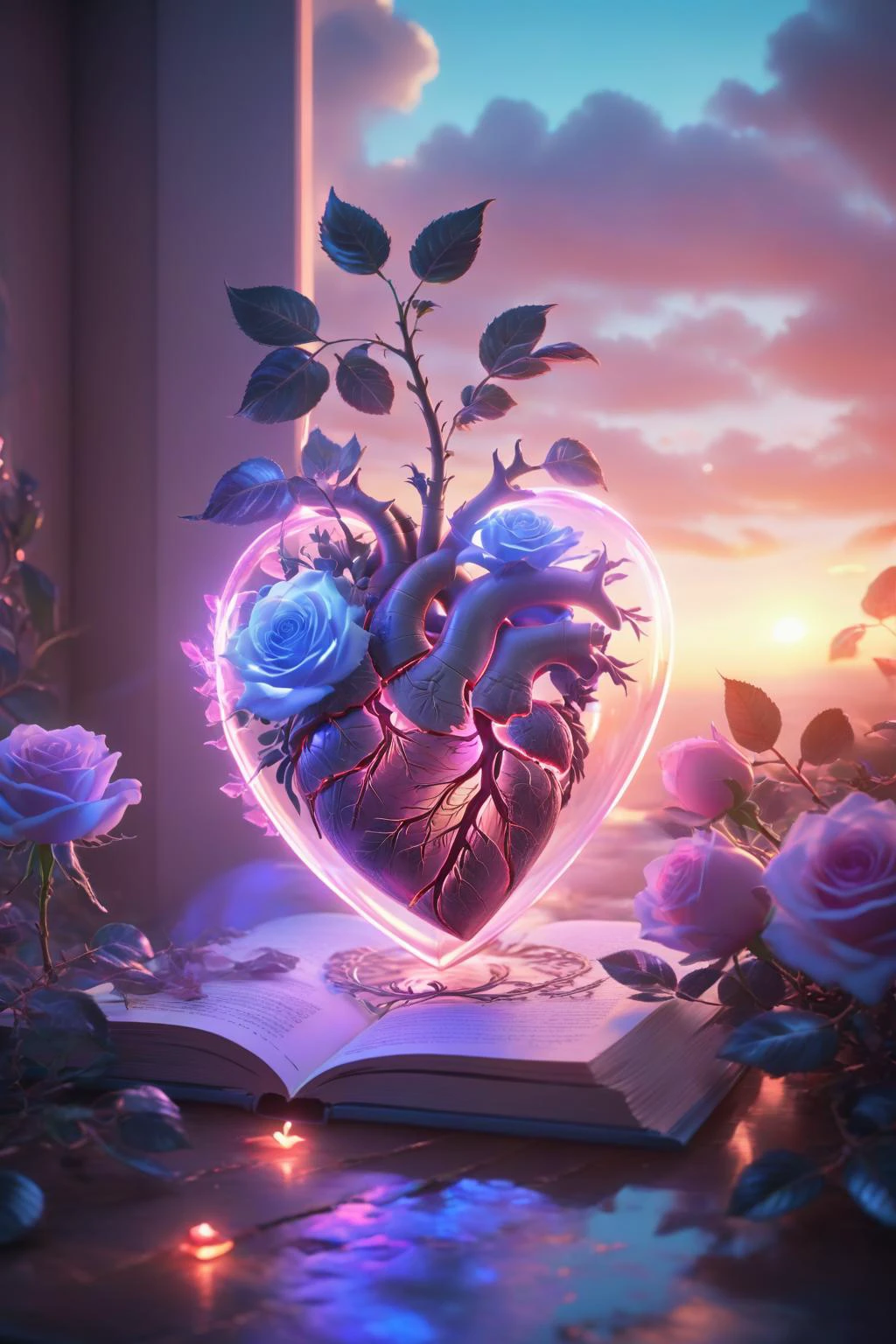 Digital Art,Concept Art,octane rendering,unreal engine,dreamlike scenes,delicate and rich light and color,superb light and shadow effects and color matching,aesthetic and romantic,Surrealistic,magical,fantasist,fantastic,Ornate And Intricate,unimaginable beauty,
A glowing [pink|purple] rose and some glowing blue plants in a transparent (heart-shaped:1.5) glass container,
this container in a love story book,extremely romantic mood,nostalgic atmosphere,gentle light and lingering composition,depth of field,letitflrsh,Dream Scenery,a glowing neon-colored heart pattern,