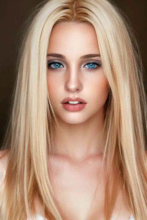 a woman with long blonde hair and blue eyes posing for a picture